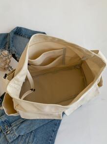 女士休閒帆布多口袋手提包,適用於四季,可折疊斜背,大容量,適用於購物、工作、度假等 - 米色 - 查看 5