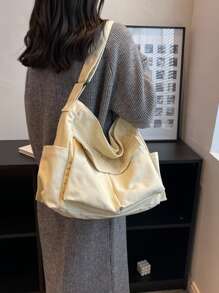 女士休閒帆布多口袋手提包,適用於四季,可折疊斜背,大容量,適用於購物、工作、度假等 - 米色 - 查看 6