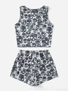 骷髅頭圖案睡衣套裝 - 灰色 - 查看 2