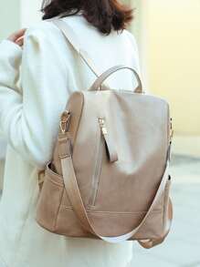 Ba lô chức năng nữ màu trơn Có thể điều chỉnh được - Màu be - Xem 6