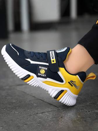 運動跑步鞋適用於男孩撞色字母圖案拼接網紗魔術貼運動鞋