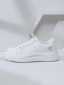 Alan Vincent 女式白色鞋款，休閒百搭的平底運動鞋，附銀色玫瑰刺繡，時尚且舒適