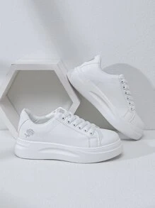 Alan Vincent 女式白色鞋款，休閒百搭的平底運動鞋，附銀色玫瑰刺繡，時尚且舒適