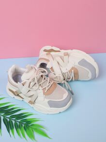 運動老爹鞋適用於女孩雙色前綁帶運動鞋