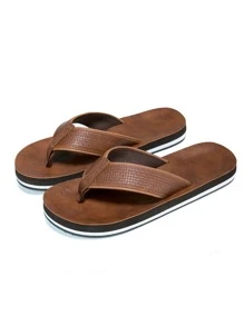 Men Braided Embossed Flip Flops, Minimalist Outdoor Brown Slippers - Brown - View 2
