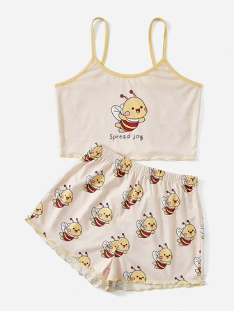 selfcarexpress Cartoon Graphic Contrast Binding PJ Set