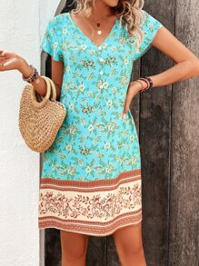 SHEIN Holidaya 印花V領連衣裙 - 綠色 - 查看 3