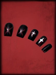 ROMWE Grunge Punk 24pcs Long Square Star Print Fake Nail - màu đen - Xem 2