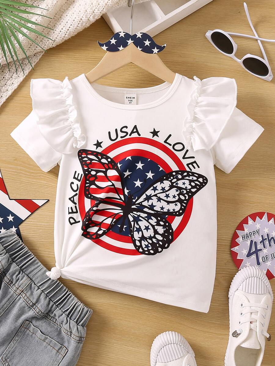 SHEIN Tops con gái lớn Xù Lá thư Loại bướm Dễ thương - trắng - Xem 1