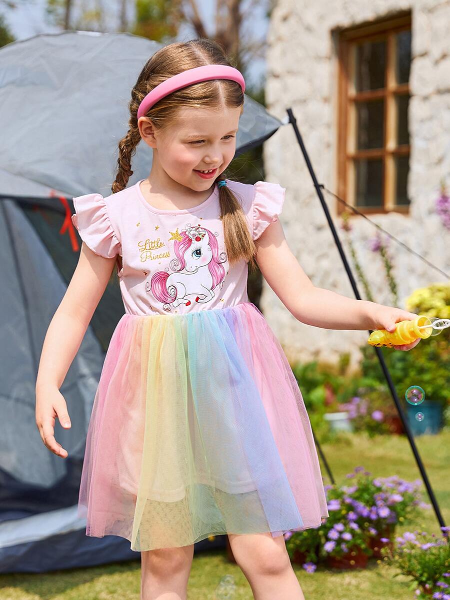 SHEIN Toddler Girls Unicorn Print Ruffle Trim Mesh Overlay Dress - Multicolor - View 1