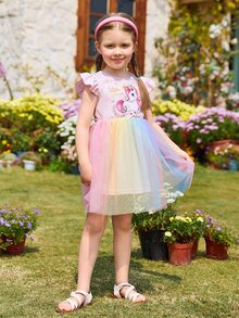 SHEIN Toddler Girls Unicorn Print Ruffle Trim Mesh Overlay Dress - Multicolor - View 3