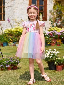 SHEIN Toddler Girls Unicorn Print Ruffle Trim Mesh Overlay Dress - Multicolor - View 4