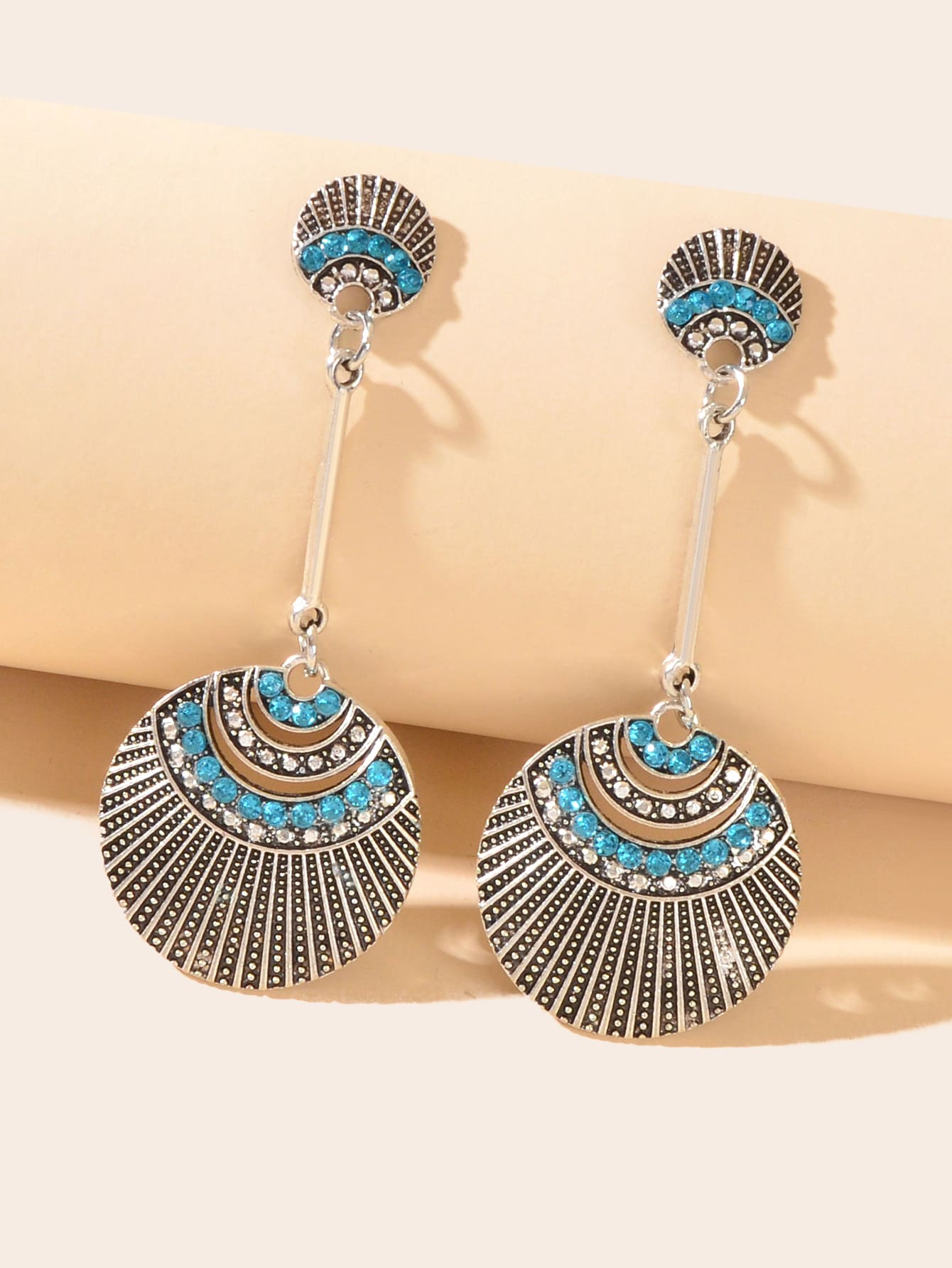 1pair Vintage Rhinestone Decor Textured Round Drop Earrings For Women For Daily Decoration - Antique Silver - View 1