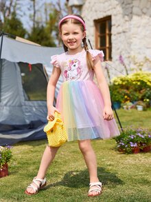 SHEIN Toddler Girls Unicorn Print Ruffle Trim Mesh Overlay Dress - Multicolor - View 5