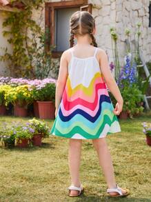 SHEIN Girls' Rainbow Printed Spaghetti Strap A-Line Dress, Fun And Suitable For Summer, Ideal For Vacation And Hot Weather - Multicolor - View 2