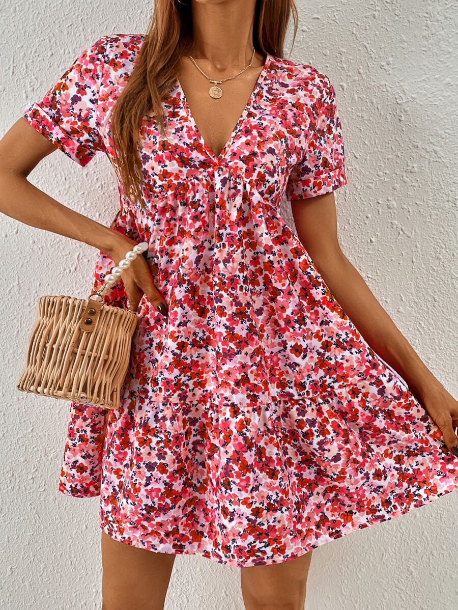 SHEIN Frenchy Ditsy Floral Print Ruffle Hem Smock Dress - Red - View 1