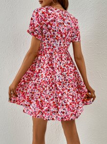 SHEIN Frenchy Ditsy Floral Print Ruffle Hem Smock Dress - Red - View 2