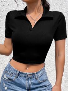 SHEIN EZwear Solid Ribbed Knit Crop Tee - Black - View 3