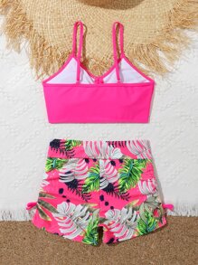 Tween Girl Tropical Print Ruched Bikini Set Summer Beach - Hot Pink - View 2