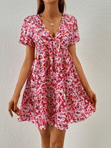 SHEIN Frenchy Ditsy Floral Print Ruffle Hem Smock Dress - Red - View 4