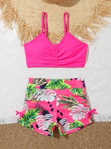 Tween Girl Tropical Print Ruched Bikini Set Summer Beach - Hot Pink - View 3