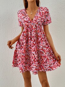 SHEIN Frenchy Ditsy Floral Print Ruffle Hem Smock Dress - Red - View 6