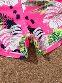 Tween Girl Tropical Print Ruched Bikini Set Summer Beach - Hot Pink - View 5
