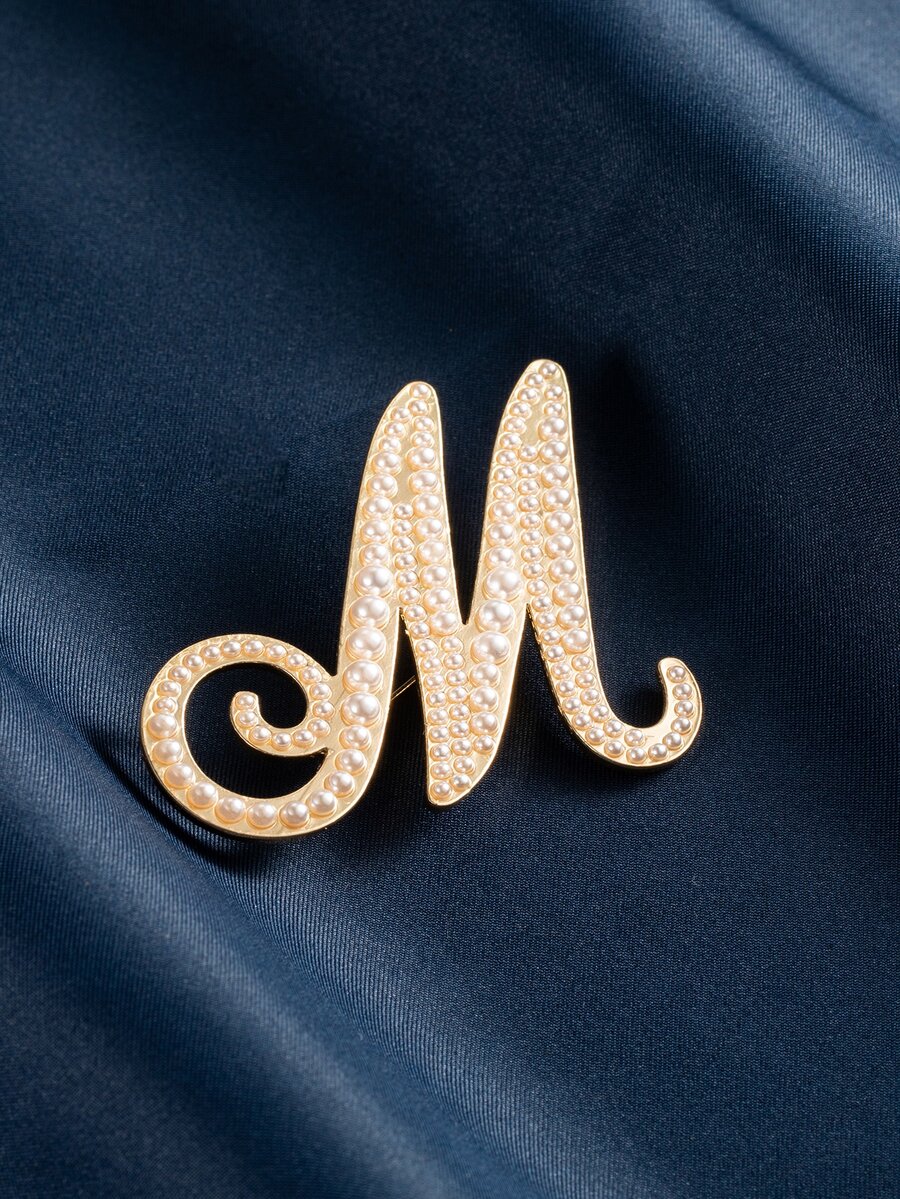 Faux Pearl Letter Design Brooch - Yellow Gold - View 1