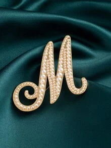 Faux Pearl Letter Design Brooch - Yellow Gold - View 5