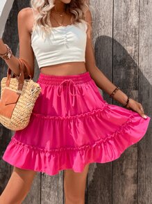 SHEIN VCAY 木耳褶皺邊前繫帶多層下擺半身裙 - 玫紅色 - 查看 1