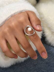 1 件时尚优雅的女士几何珍珠戒指，适合母亲节、情人节、春夏的户外珠宝 - 彩色 - 查看 3