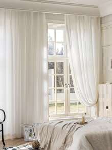 1pc White Sheer Curtain, Minimalist Design Polyester Fabric, Translucent But Not See-Through, Creates Romantic Ambiance, Suitable For Living Room, Bedroom, Kitchen Windows And Doors - White - View 2