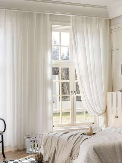 1pc White Sheer Curtain, Minimalist Design Polyester Fabric, Translucent But Not See-Through, Creates Romantic Ambiance, Suitable For Living Room, Bedroom, Kitchen Windows And Doors