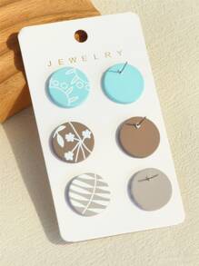 6入組葉子圖案圓形耳釘 - 彩色 - 查看 2