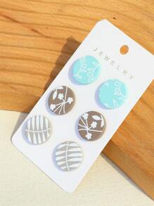 6入組葉子圖案圓形耳釘 - 彩色 - 查看 4