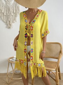 Floral Crochet Fringe Hem Tie Front Kimono - Yellow - View 1