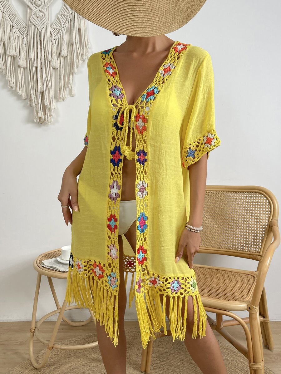 Floral Crochet Fringe Hem Tie Front Kimono - Yellow - View 1