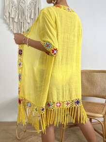 Floral Crochet Fringe Hem Tie Front Kimono - Yellow - View 2