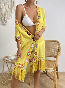 Floral Crochet Fringe Hem Tie Front Kimono - Yellow - View 3