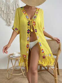 Floral Crochet Fringe Hem Tie Front Kimono - Yellow - View 4