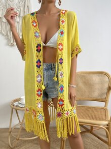 Floral Crochet Fringe Hem Tie Front Kimono - Yellow - View 5