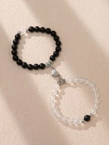 ATLVXJL 2入組情侶夜光愛心掛飾串珠手鏈 - 彩色 - 查看 2