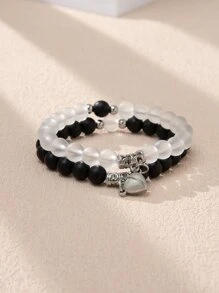 ATLVXJL 2入組情侶夜光愛心掛飾串珠手鏈 - 彩色 - 查看 5