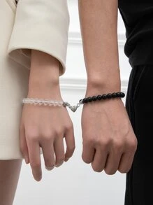 ATLVXJL 2入組情侶夜光愛心掛飾串珠手鏈 - 彩色 - 查看 7