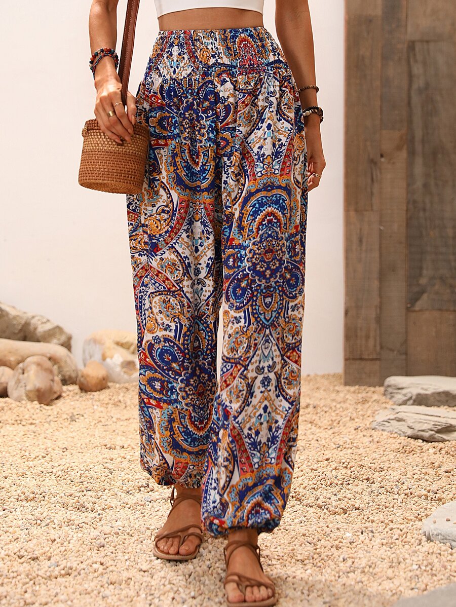 Breezaya 佩斯利印花腰部打褶長褲