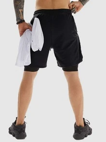 男士腰部抽繩二合一短褲帶手機袋 - 黑色 - 查看 2