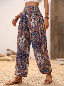 Breezaya 佩斯利印花腰部打褶長褲