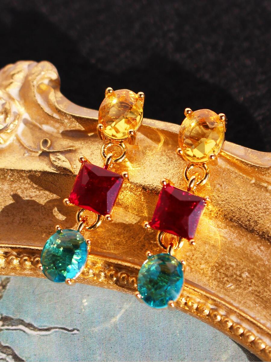 Rhinestone Decor Drop Earrings - Multicolor - View 1