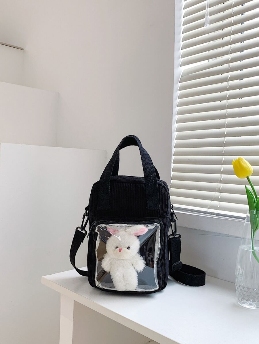 Girls Cartoon Bear Decor Square Bag Small - Black - View 1