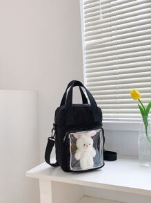 Girls Cartoon Bear Decor Square Bag Small - Black - View 4
